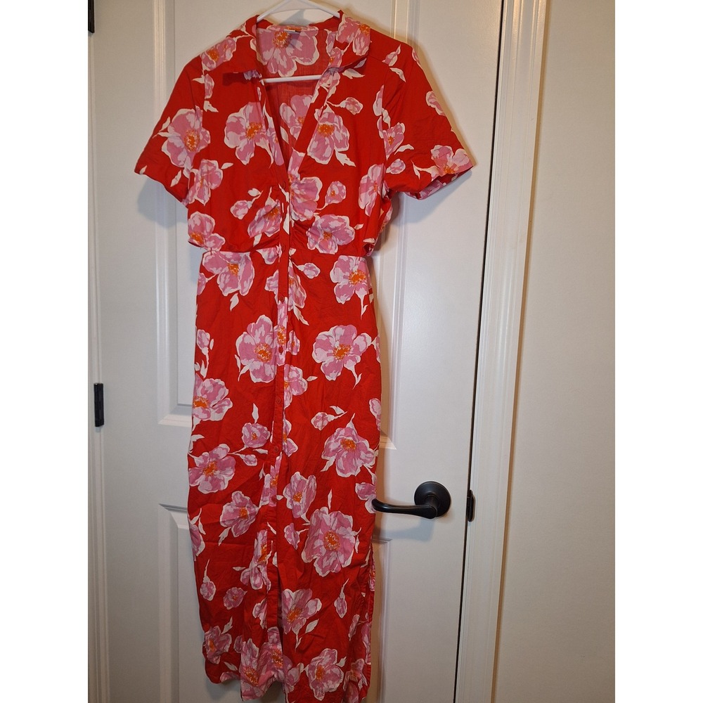 Old Navy Floral Cutout Midi‎ Dress Red Pink Short Sleeve Button Front Womens M